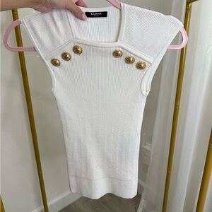 Balmain Ivory Ribbed Knit Top with Gold crest button Accents
